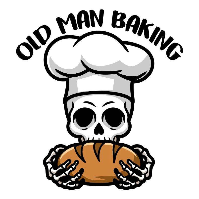 Funny Baker Skull with Bread. Old man bakes