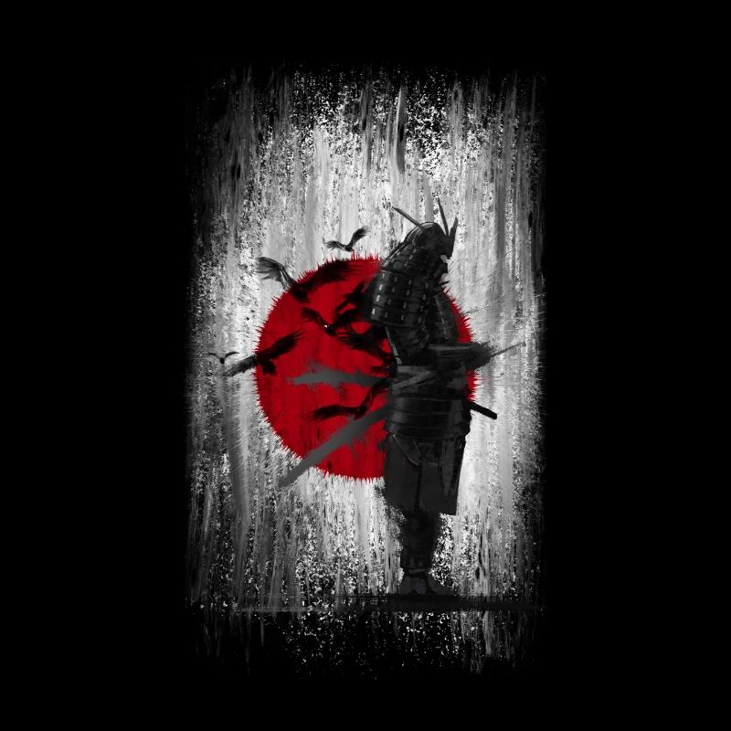 Samouraï devant le drapeau du Japon corbeaux et oiseaux, épée