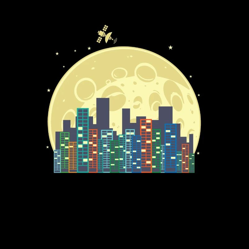 Skyline devant la lune et la ville de construction satellite