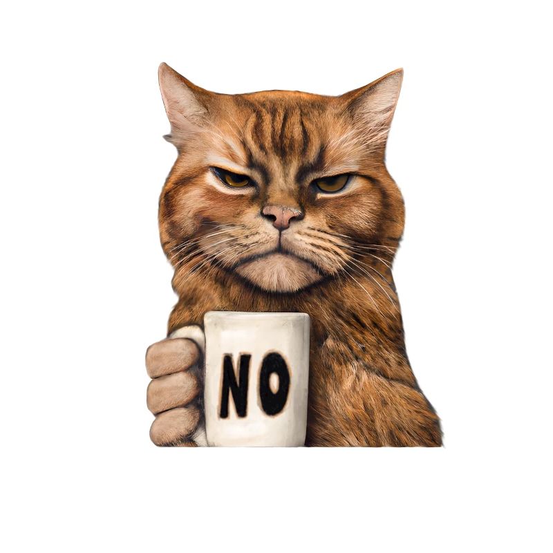 Grumpy funny cat with coffee cup says no