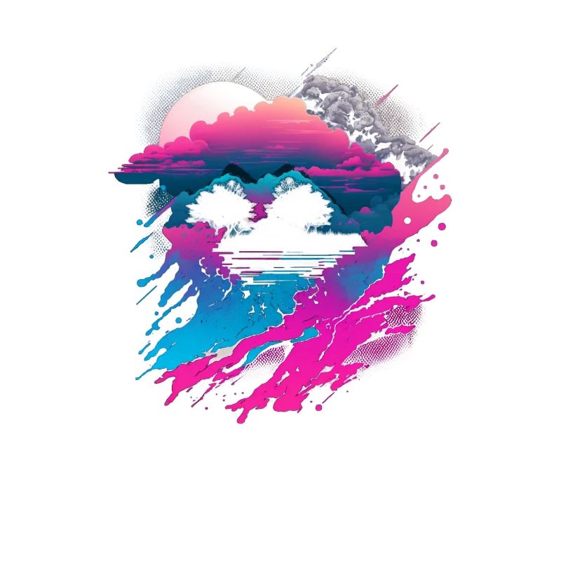 Vaporwave Abstract Landscape Moon Tree Waterfall