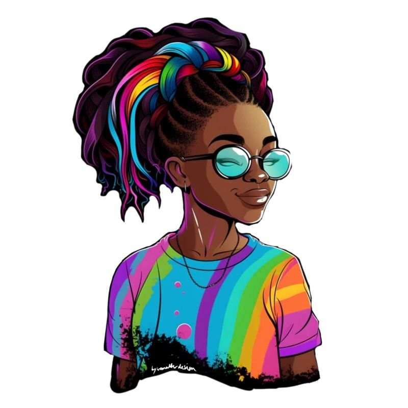 Dreadlocks colorées et T-shirt arc-en-ciel