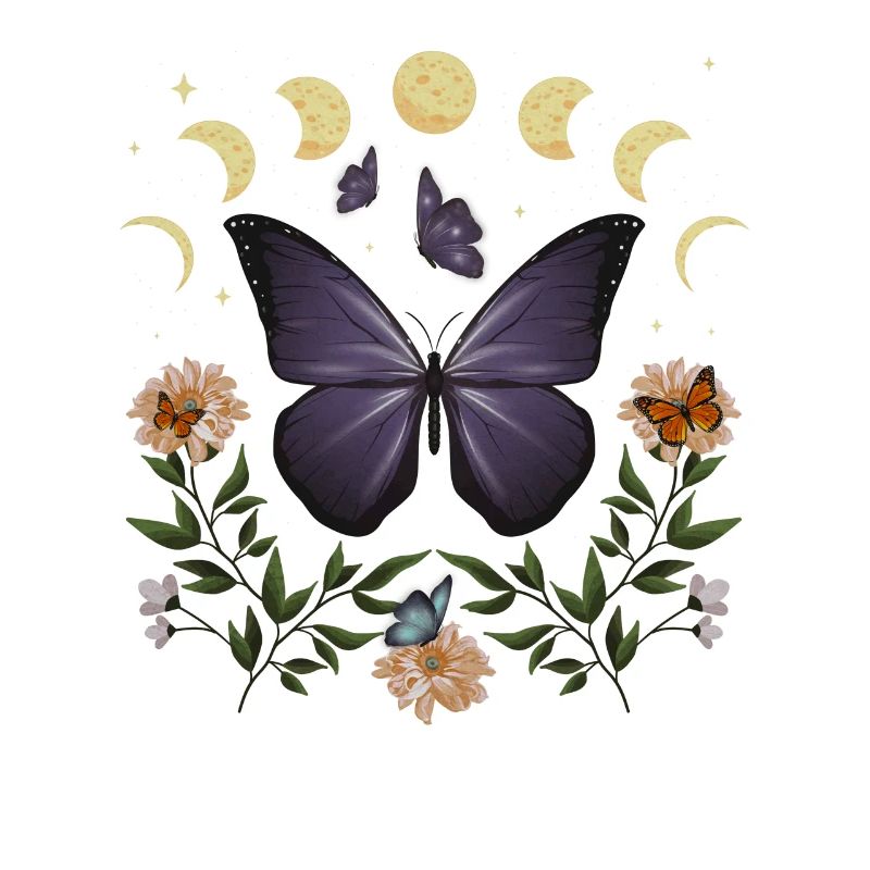 Cottagecore monarque papillon fleurs phase de lune