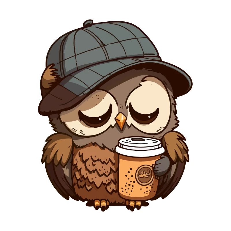 Müde Eule mit einem Kaffeebecher