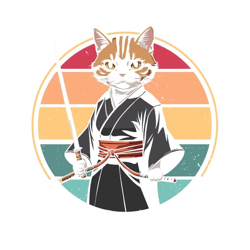 Japanese Samurai Cat Warrior Retro Ninja