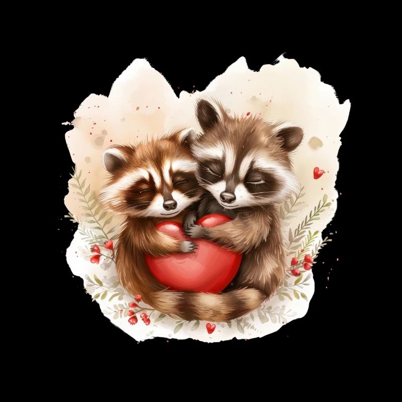 Two Raccoons Hugging a Heart