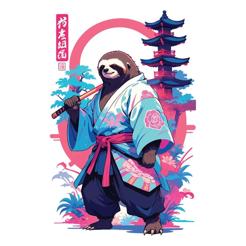 Samurai Sloth Aesthetic Vaporwave Style