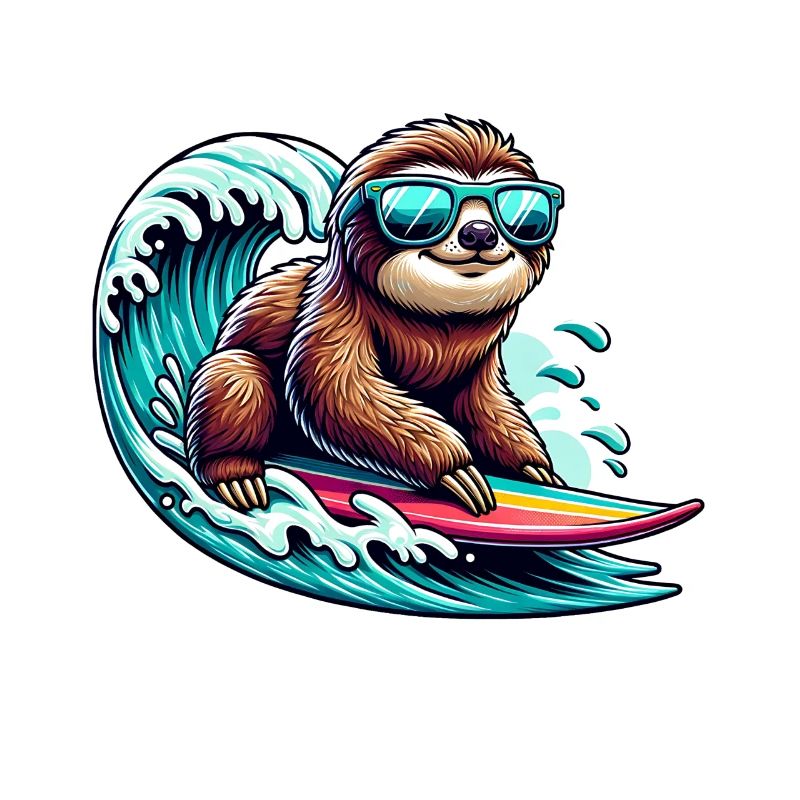 Surfer sloth with sunglasses on wave