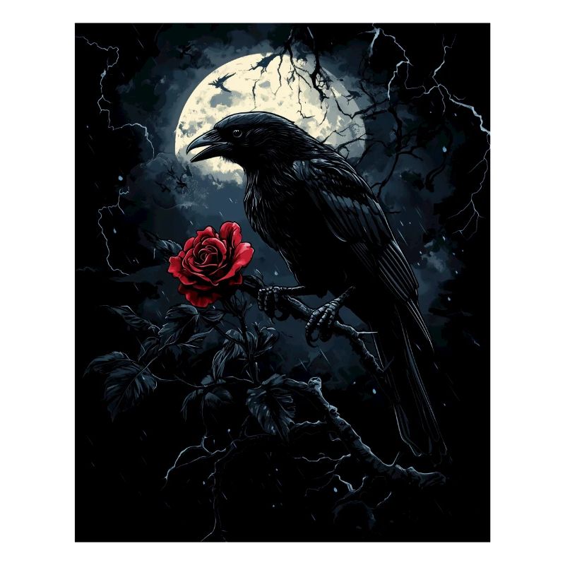Rabe Rose Mond Düster Gothic Schwarze Krähe