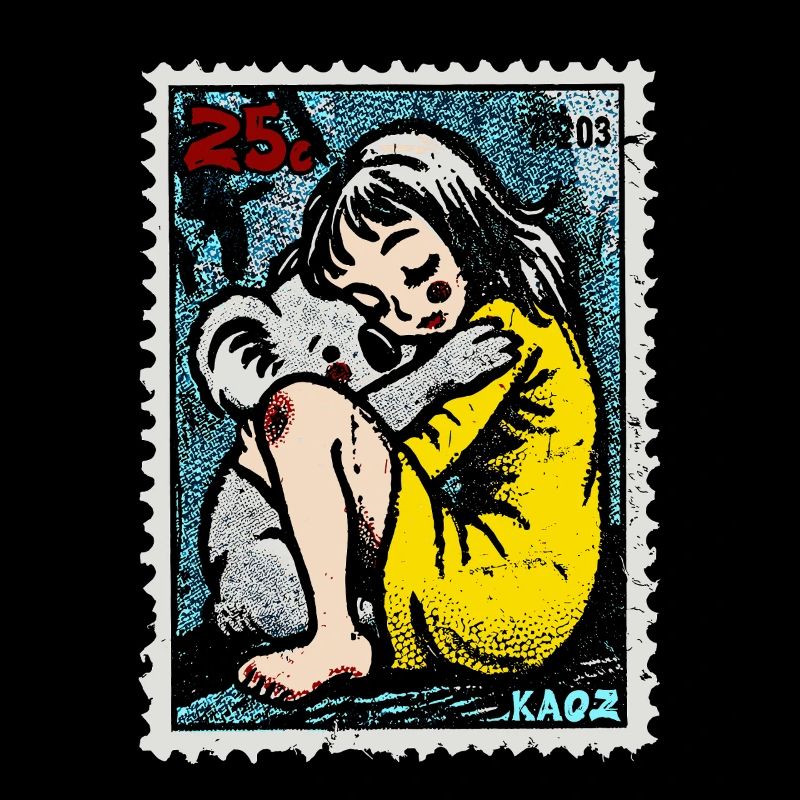 Fille avec un koala sur un timbre-poste