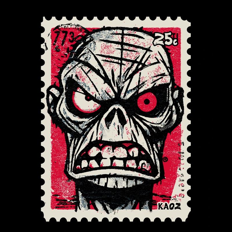 Angry skull on postage stamp