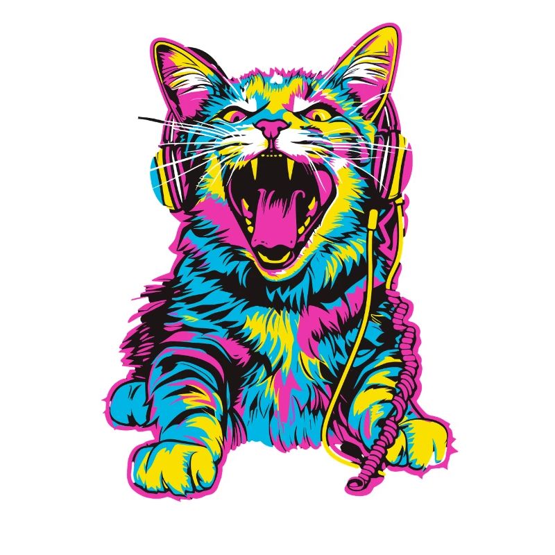 Chat coloré avec des écouteurs dans un style rétro