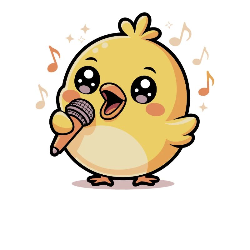 Poussin joyeux qui chante avec un microphone et des notes