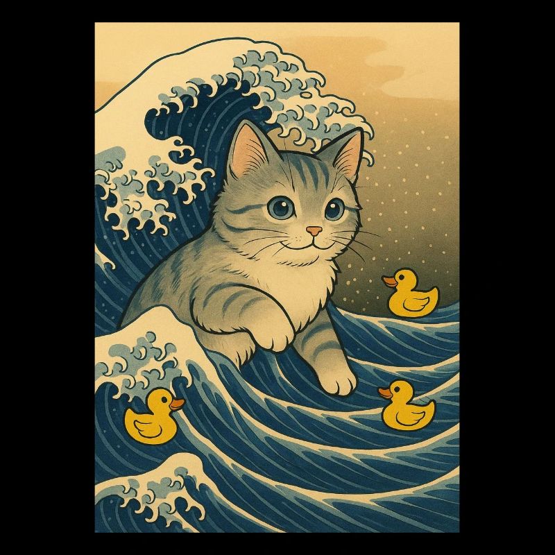 Chats dans la mer de vagues avec des canards