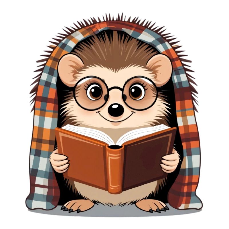 Igel liest Buch unter Plaid