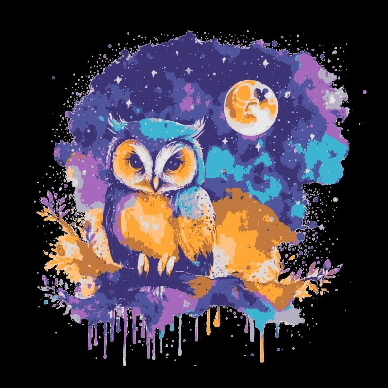 Bunte Eule unter einem Sternenhimmel