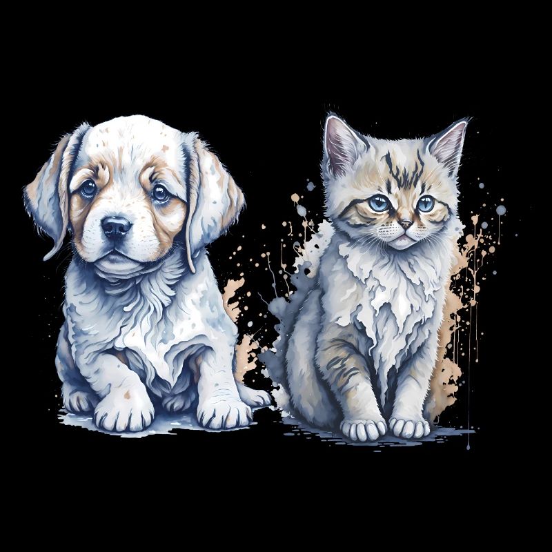 Peinture à l’aquarelle d’un chiot et d’un chaton mignons