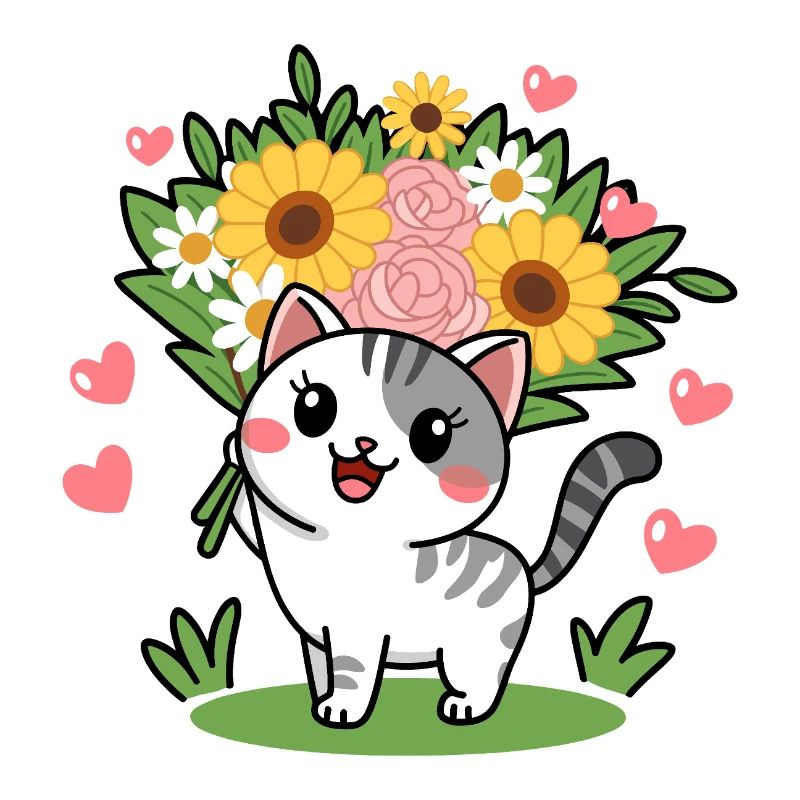 Chaton mignon avec bouquet de fleurs