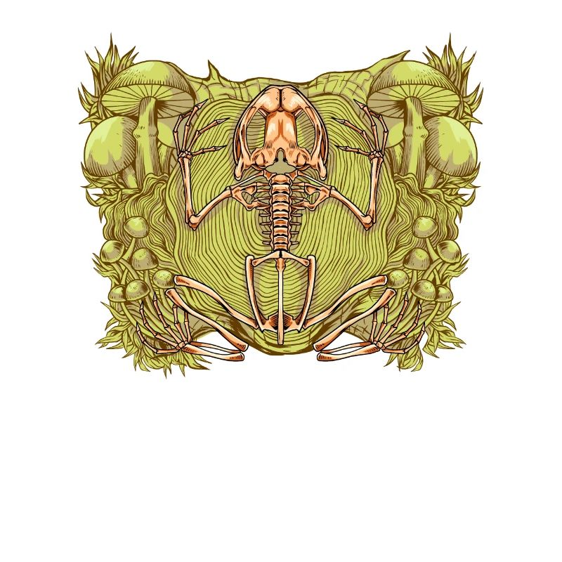 Frog skeleton between mushrooms