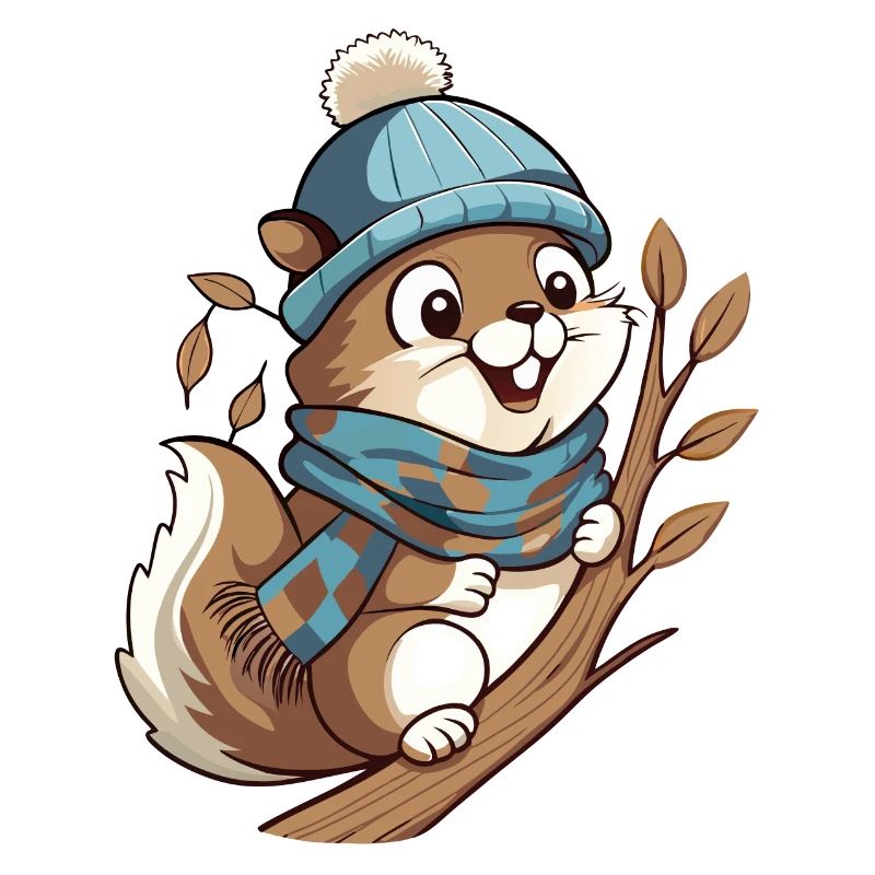 Écureuil mignon avec écharpe et chapeau à pompon.