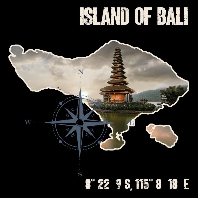Contour de l'île de Bali avec temple et boussole