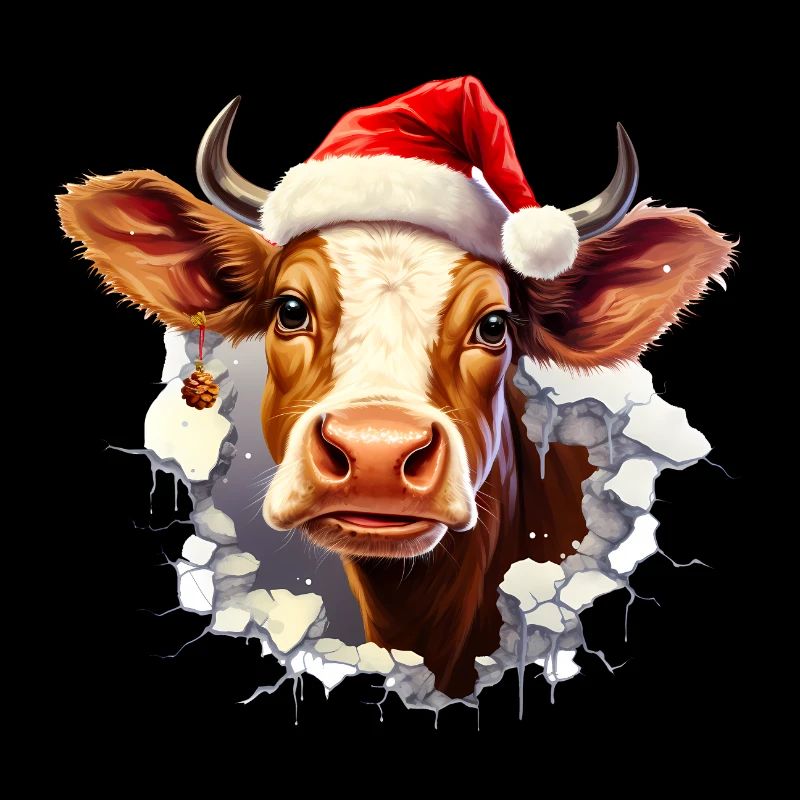 Vache avec chapeau de Père Noël dans le trou dans le mur