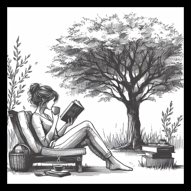 Woman drinking coffee and reading a book