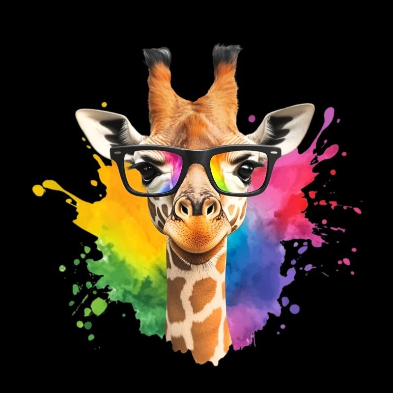 Bunte Giraffe mit Brille und Regenbogen-Spritzer