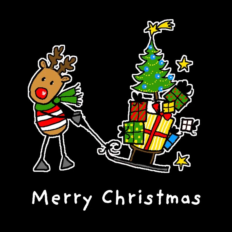 Reindeer pulls tree and gifts on sleigh