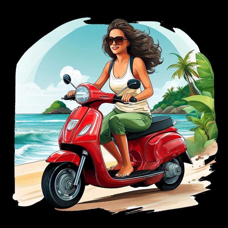 Frau mit rotem Roller am Strand