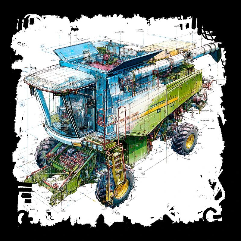Colored Blueprint Threshing Machine, CAD Design