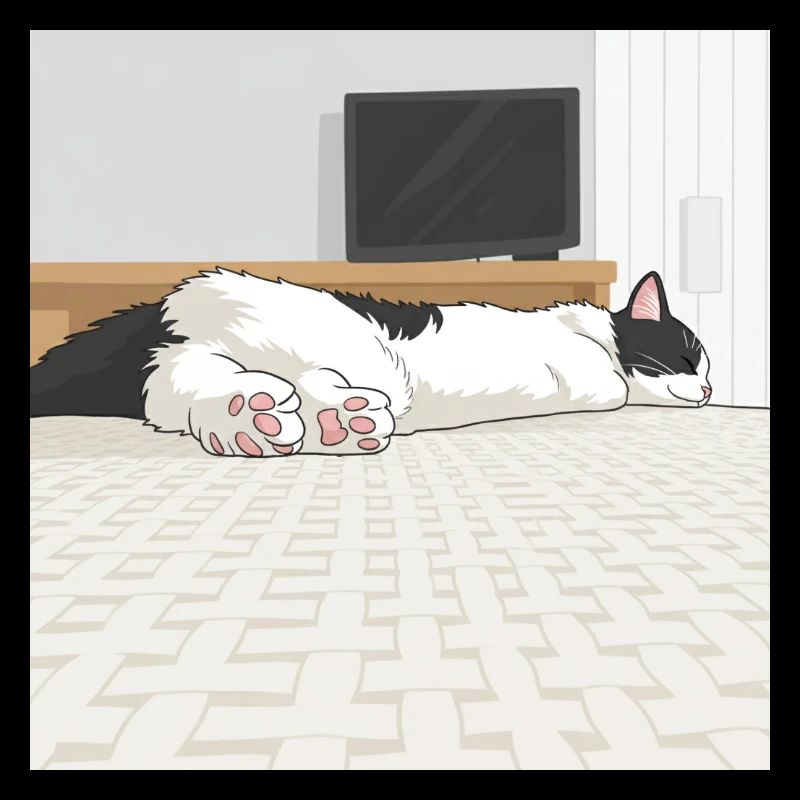 Sleeping cat on woven carpet