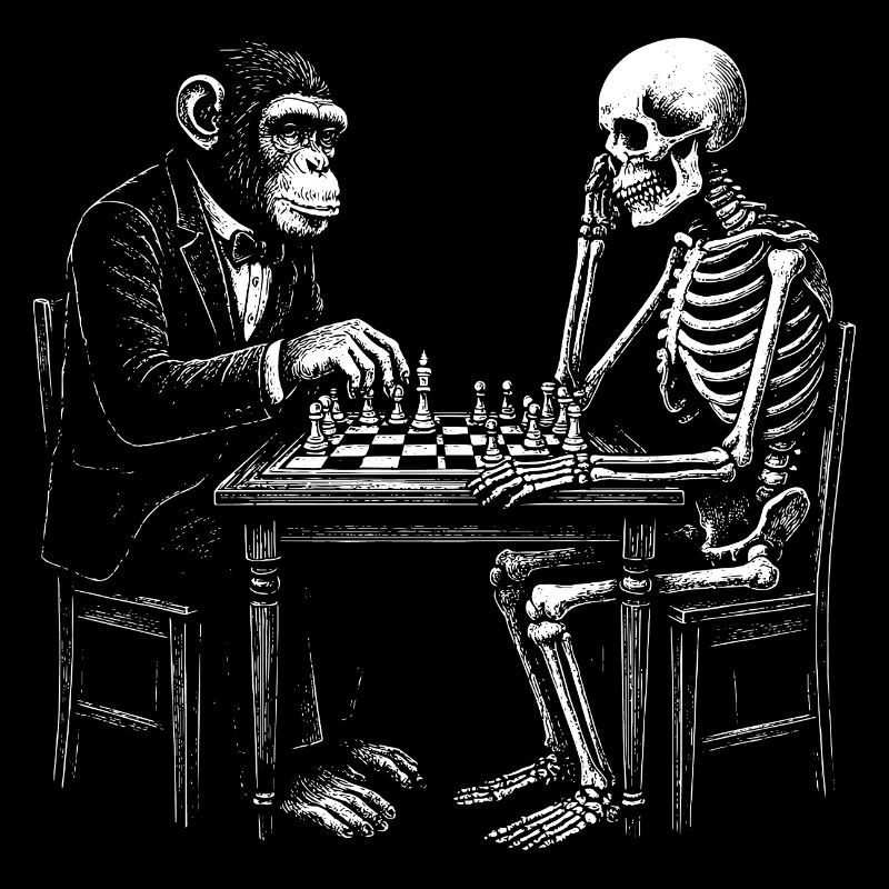 Skeleton and monkey plays chess