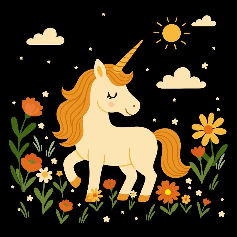 Licorne sur prairie fleurie – Scène joyeuse avec du soleil