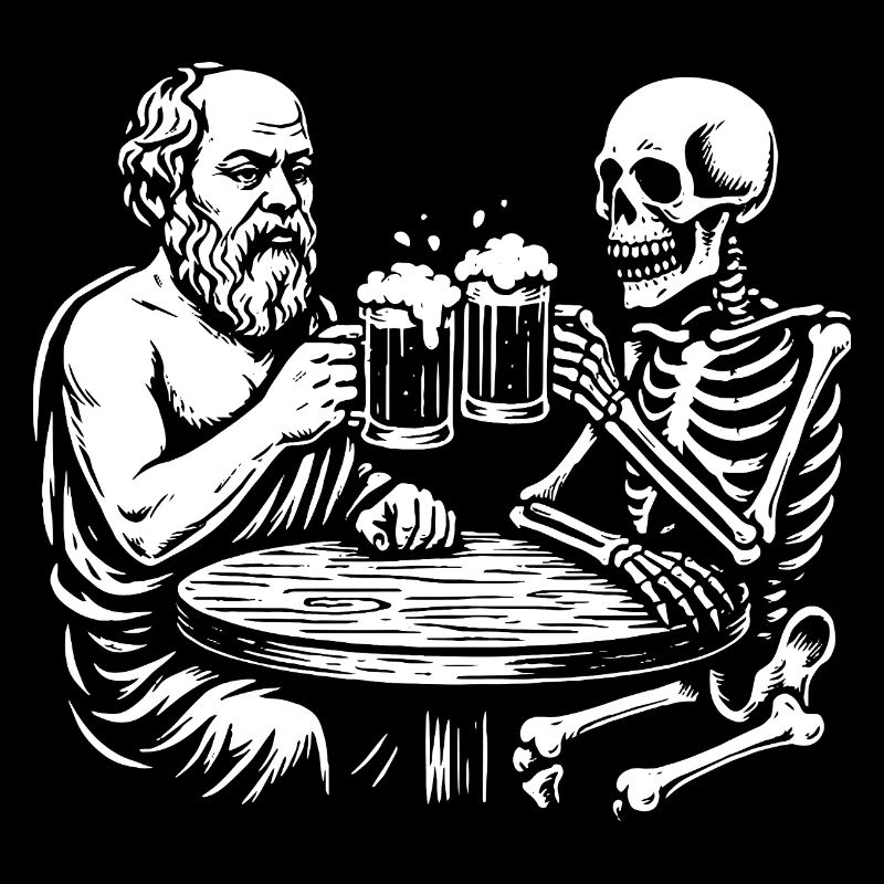 Socrate buvant de la bière avec squelette