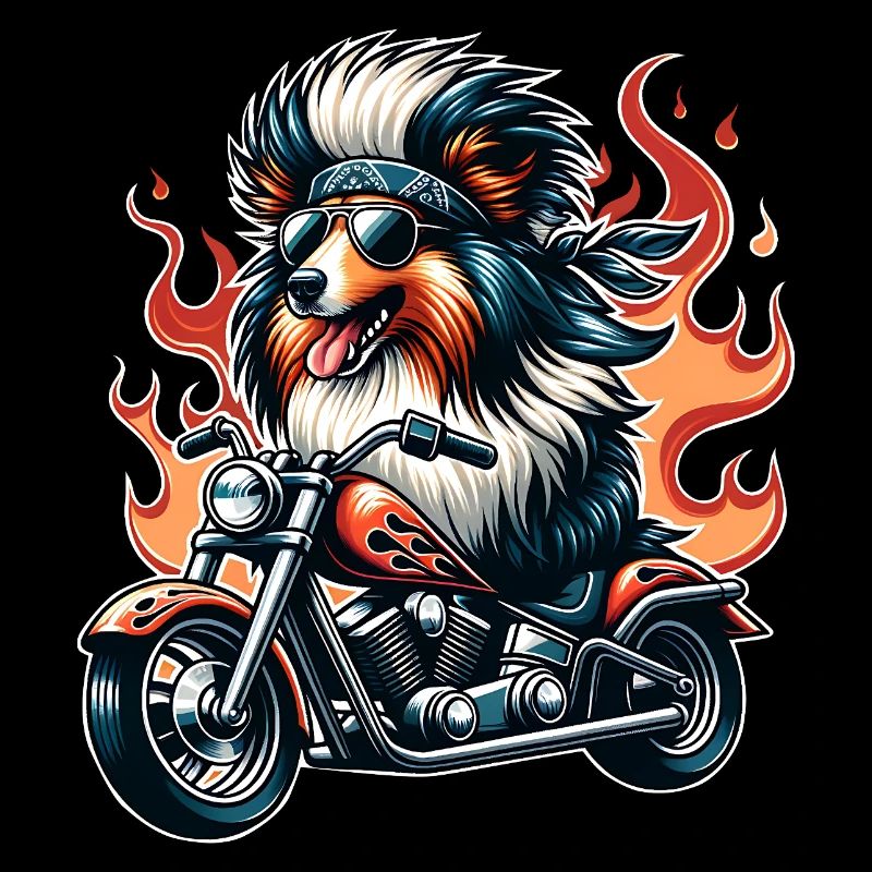 Biker dog on motorcycle with flames Sheltie