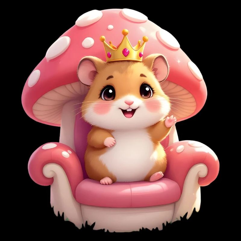 Cute hamster with crown on mushroom throne