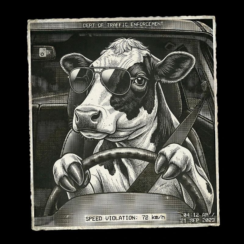 Vache laitière flashed conduisant une voiture