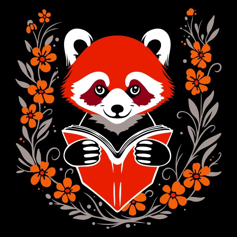 Lesender roter Panda mit Blumen – süßes Design