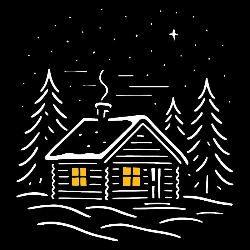 Illuminated snowy cabin with a tree