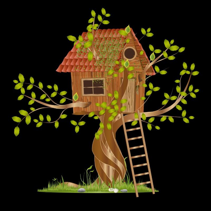 Une cabane en arbre de travers dans la canopée avec échelle