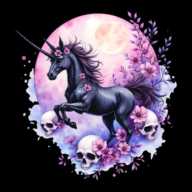 Licorne lunaire avec crânes et fleurs