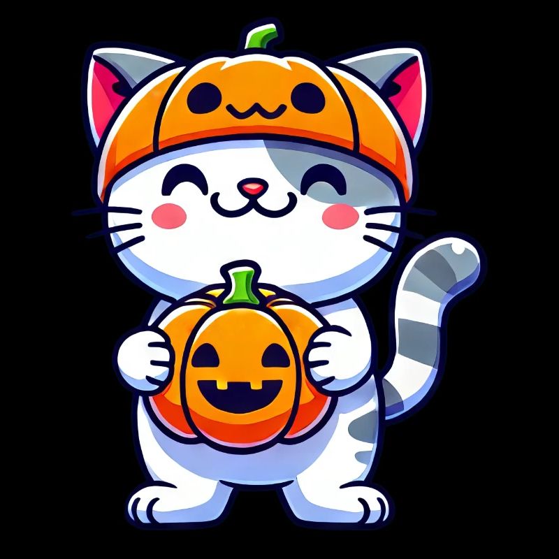 Whimsical Halloween Cat with Pumpkin and Hat
