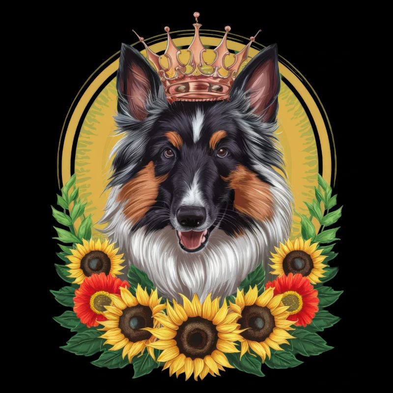 Stolzer Schäferhund mit Krone und Sonnenblumen