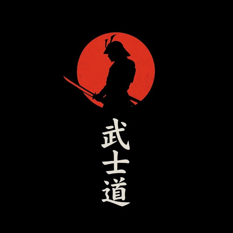 Silhouette de samouraï devant un soleil rouge – Bushidō