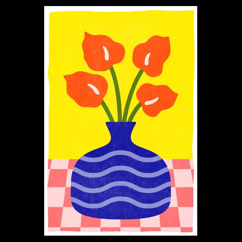 Art Abstrait Pot Bleu et Fleur Style Retro