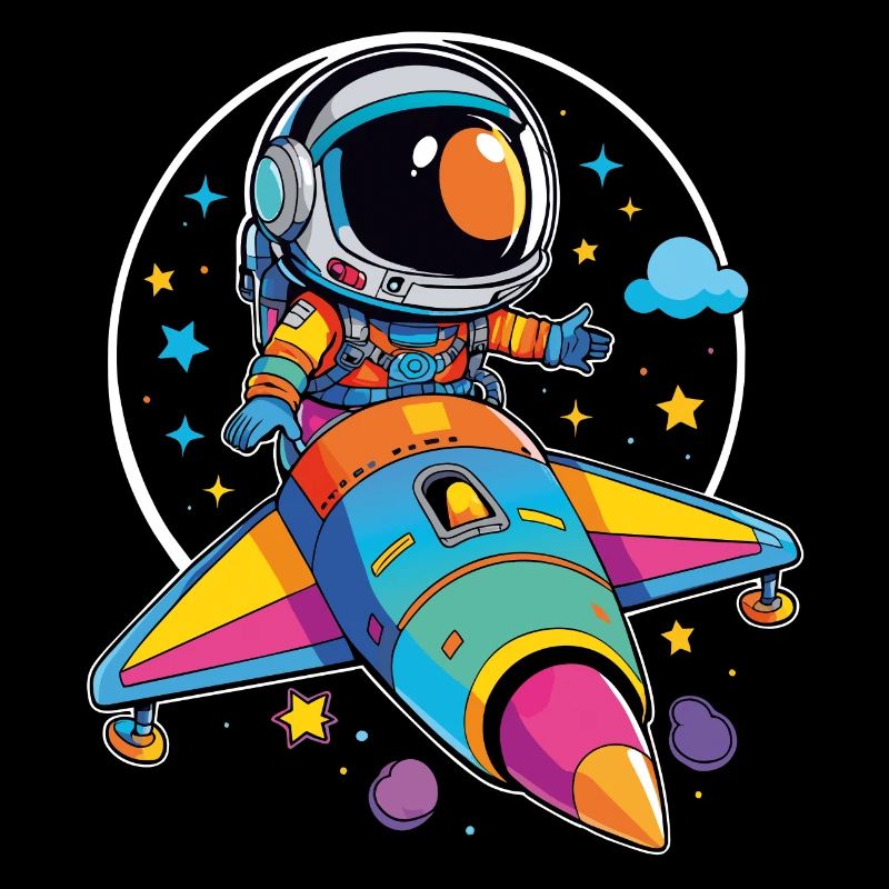 Petit astronaute dans un vaisseau spatial coloré dans l’espace