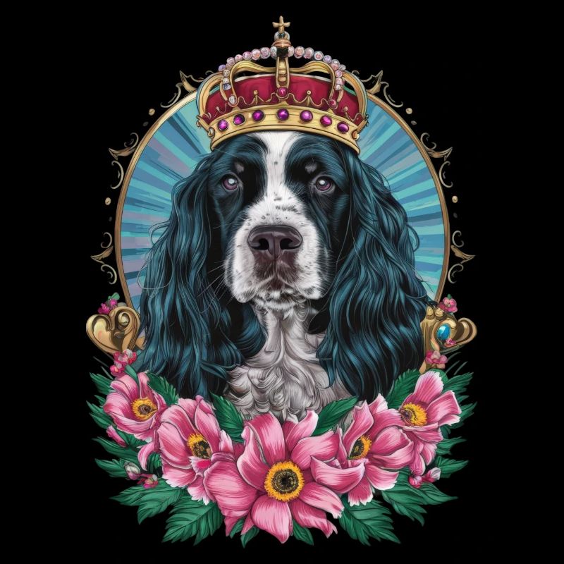 Cocker Spaniel avec fleurs et couronne