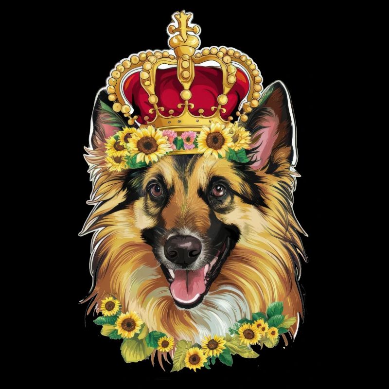 Stolzer Schäferhund mit Krone und Sonnenblumen