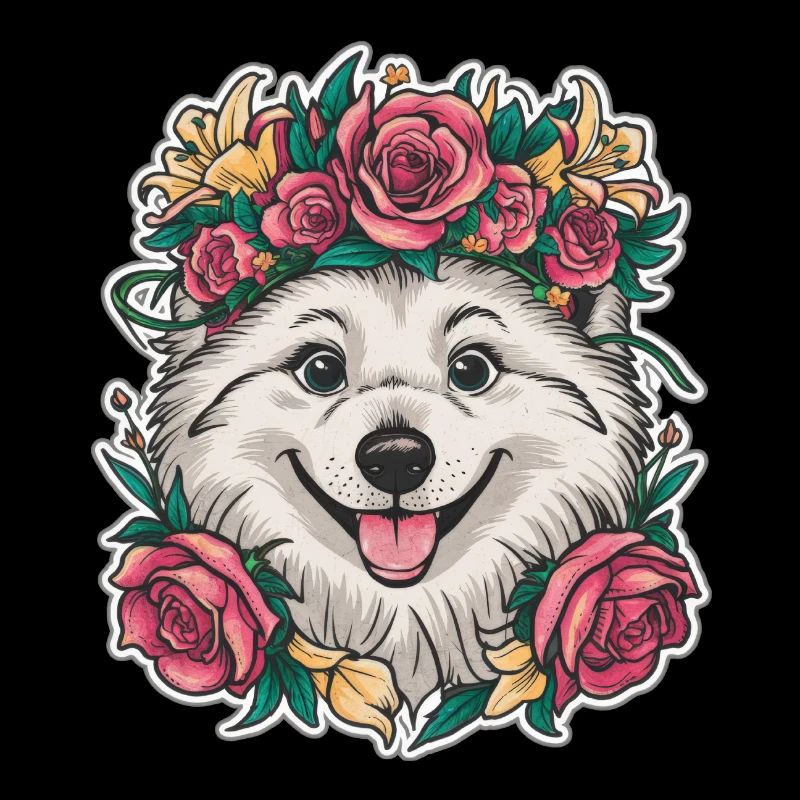 Spitz Samoyède doux aux roses et aux lys